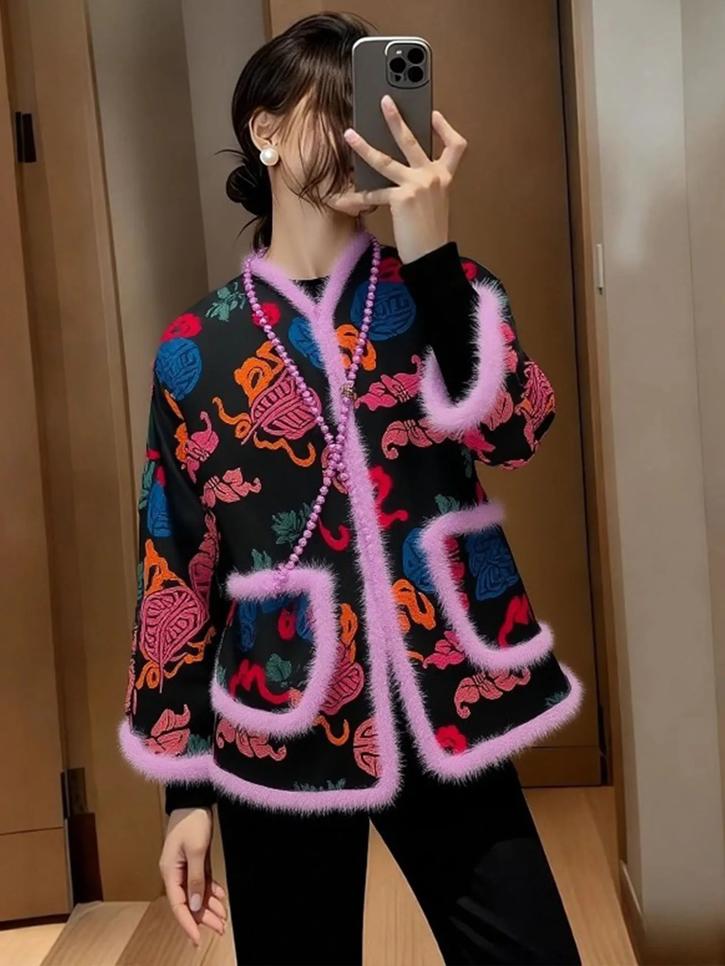 

New Chinese Sle Printed Cotton Jaet Women Winter Thiened Loose Outerwear Retro High-End Feel Ladylike Commute Faion