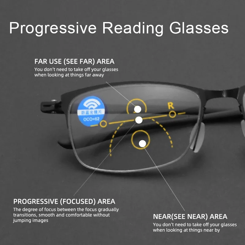 IENJOY Half Frame Multifocal Reading Glasses for Men TR Progressive Bifocal Eyeglasses Blue Light Presbyopic Eyewear 1.0 2.0 3.0