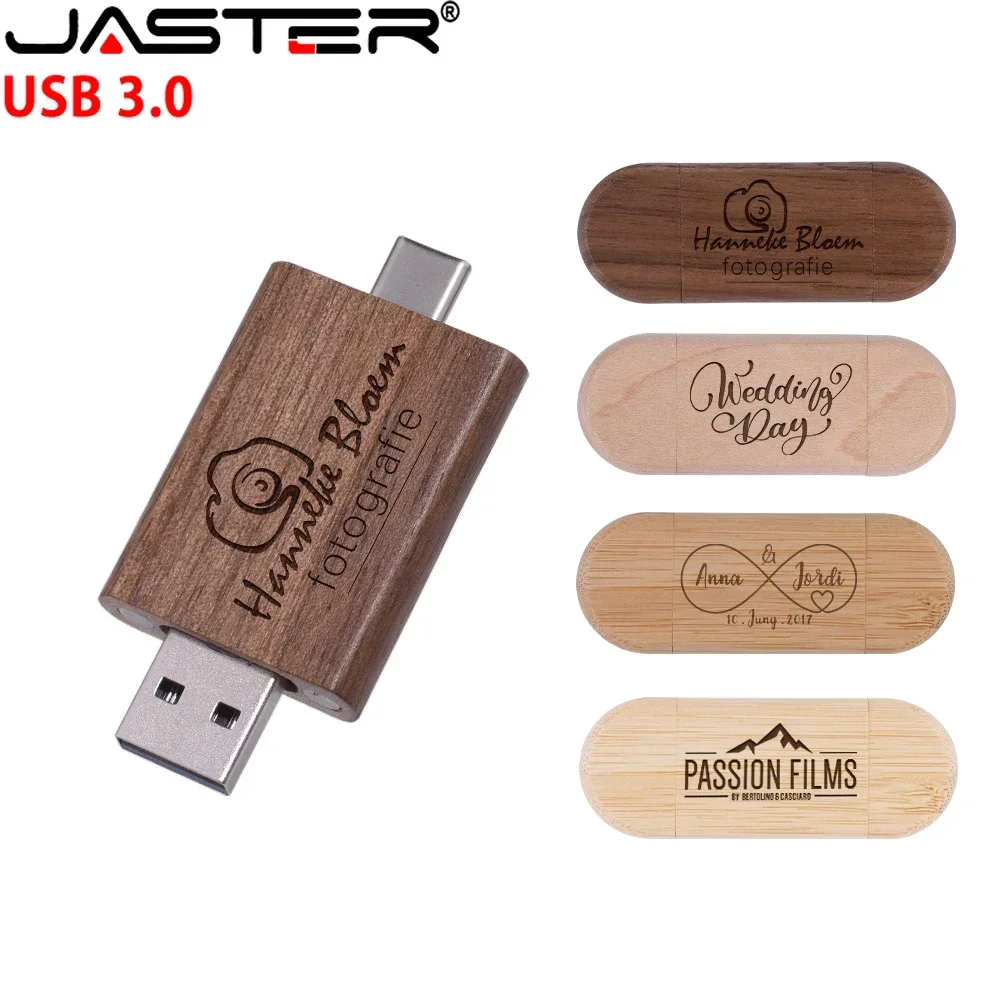 JASTER TYPE-C USB 3.0 플래시 드라이브, 무료 사용자 정의 로고 펜 드라이브, 나무 상자 메모리 스틱, 32GB 고속 U 디스크, 2 in 1, 128GB, 64GB