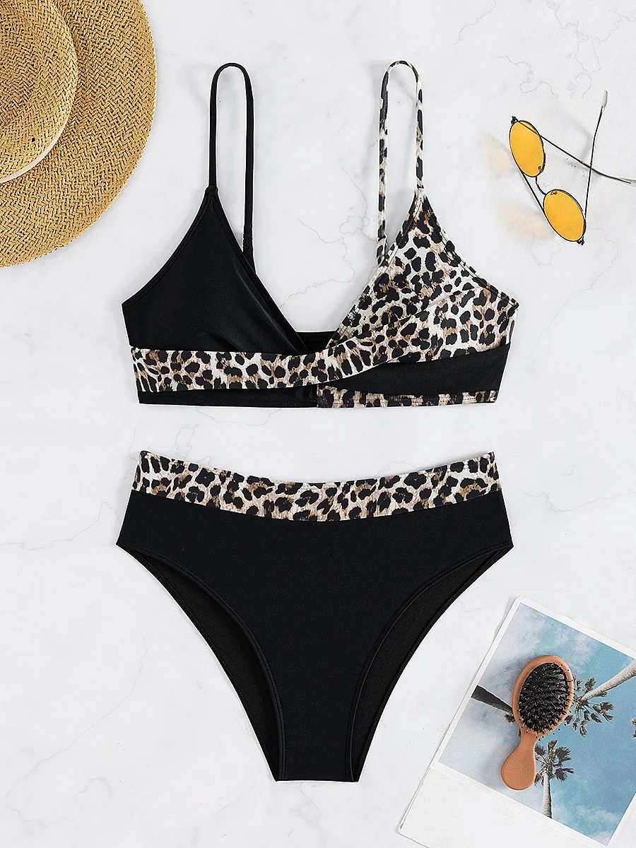 2024 V Neck Cross Leopard Bikini High Waist Swimsuit Women Swimwear Female Bathers Bathing Swimming Swim Suit Beachwear