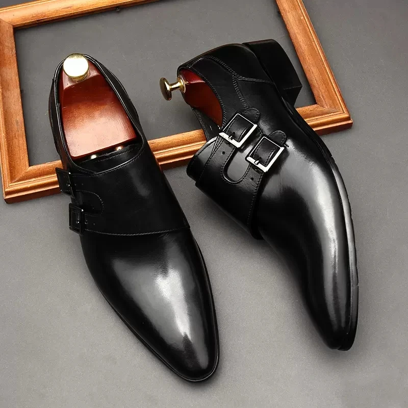 

HKDQ Genuine Leather Double Buckle Men Dress Shoes Wingtip Mens Oxford Shoes Wedding Business Black Formal Men's Autumn Loafers