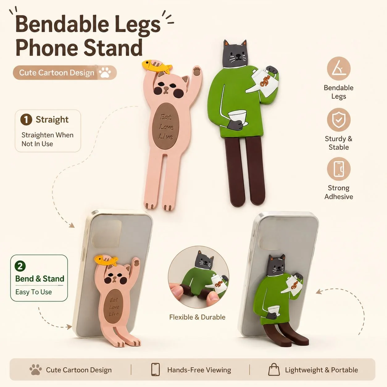 Support de téléphone en silicone pour chats, type adhésif, support pliable créatif en forme de queue 3D, peut être utilisé comme aimant de réfrigérateur