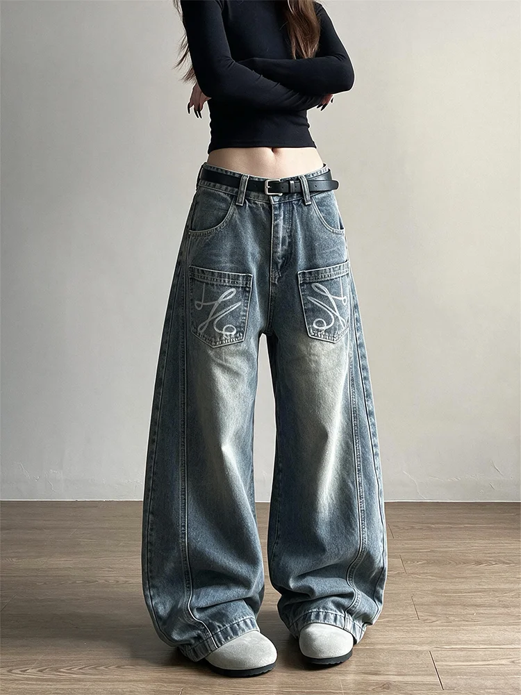 plus Size American Retro Multi Pocket Knife  Jeans Women Casual Loose Slimming Wide Leg Floor Length Pants