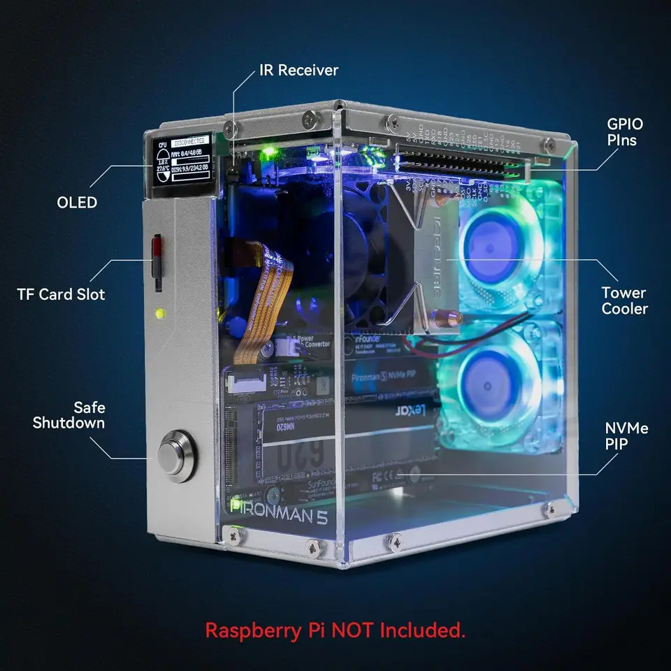 Pironman 5 NVMe M.2 SSD PCIe 2.0/3.0 Mini PC Case for Raspberry Pi