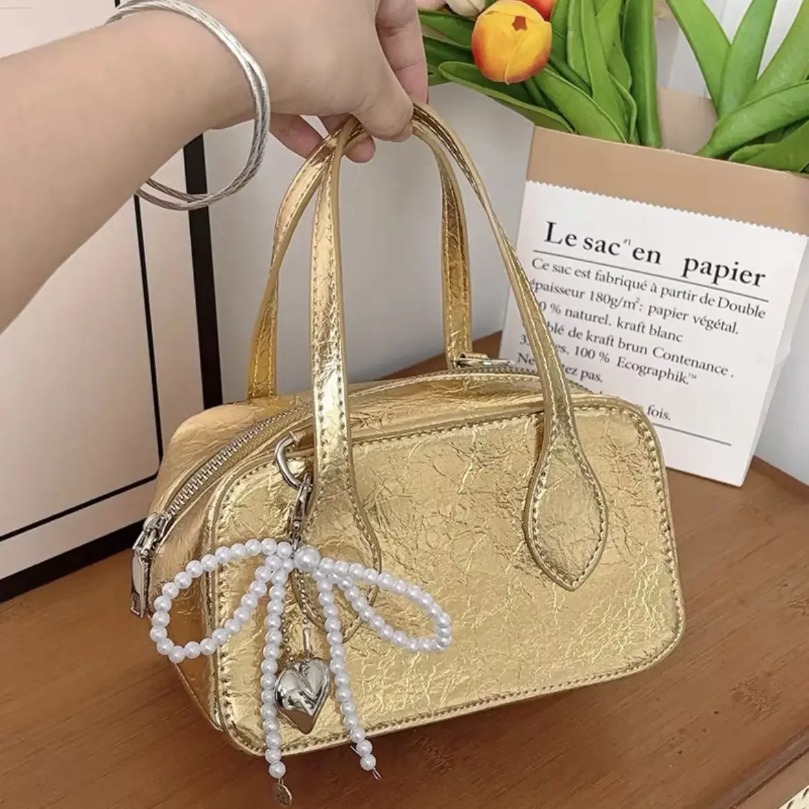 

American Style Silvery Golden PU Leather Retro Handbag Women's Bags High-capacity Storage Bag Shoulder Bag Purses Handbags