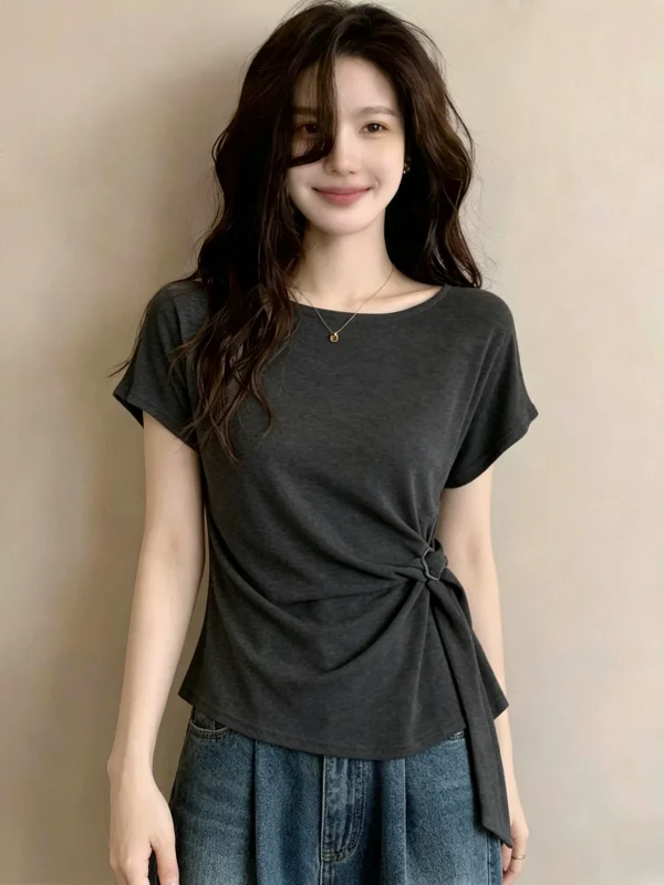Gray Short Sleeve T-Shirt Women's Design Sense Shoulder Length Uneven Waist Cinched Summer New Style plus Size Fat MM Top