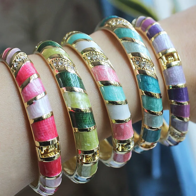 Colorful Enamel Stripe Women Rhinestone Bangles Jewelry Cloisonne Spring Hinged Cuff Bracelets Chinese intangible cultural