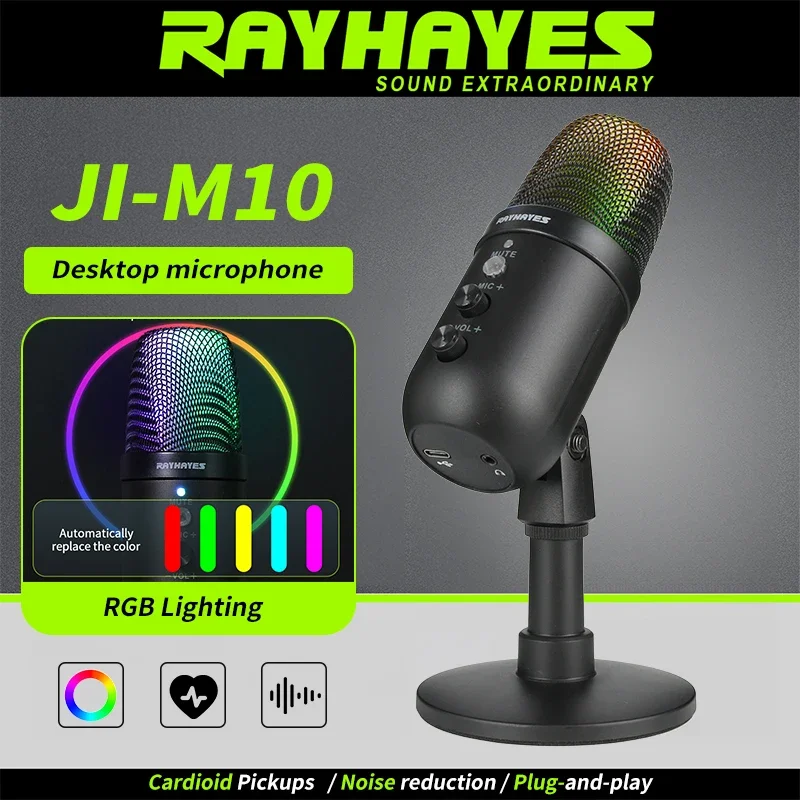 

RAYHAYES JI-M10 Professional USB Desktop Microphone High-fidelity sound quality with RGB lighting effects