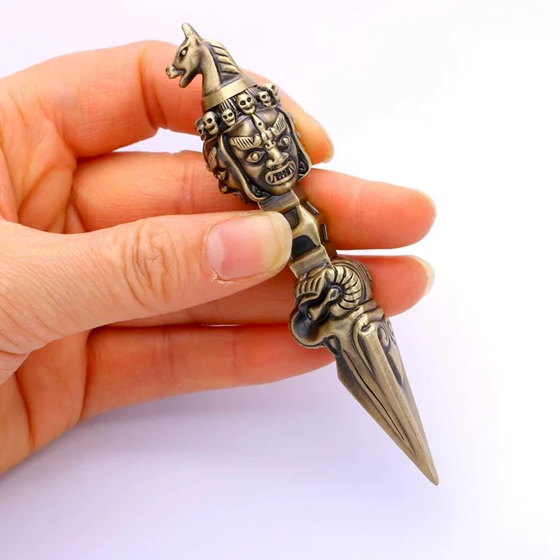 Brass Phurba Ornament Horse-Headed Wisdom King Nine-Pronged Vajra Altar Decorations Buddhist Talisman Home Garden Decor