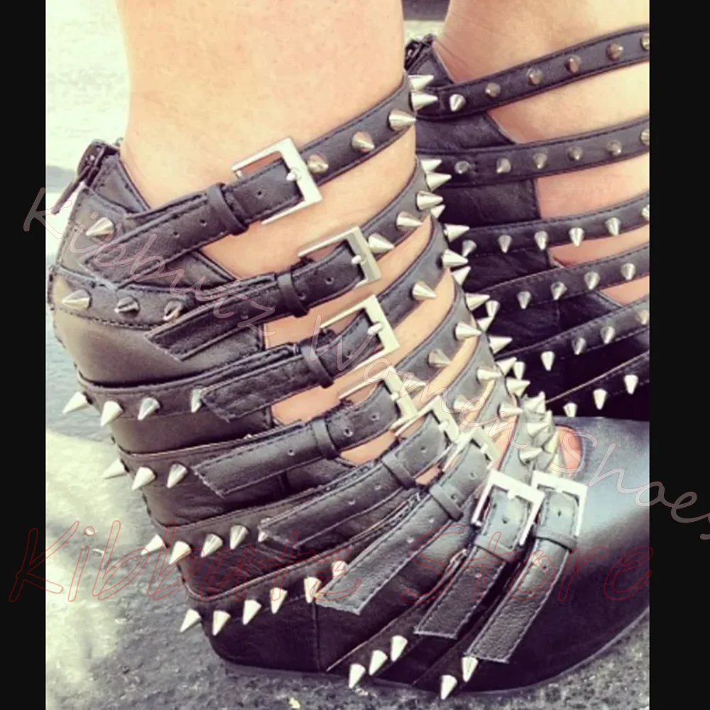 Wedge Sandal Boots Platform Multi Straps Buckle Metal Rivets Round Toe Punk Rock Gothic Ladies Shoes Leather Y2K Fashion Elegant