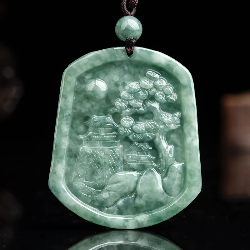 Fashionable natural A-grade old jadeite green green landscape handmade brand double-sided carved jade pendant for men and women