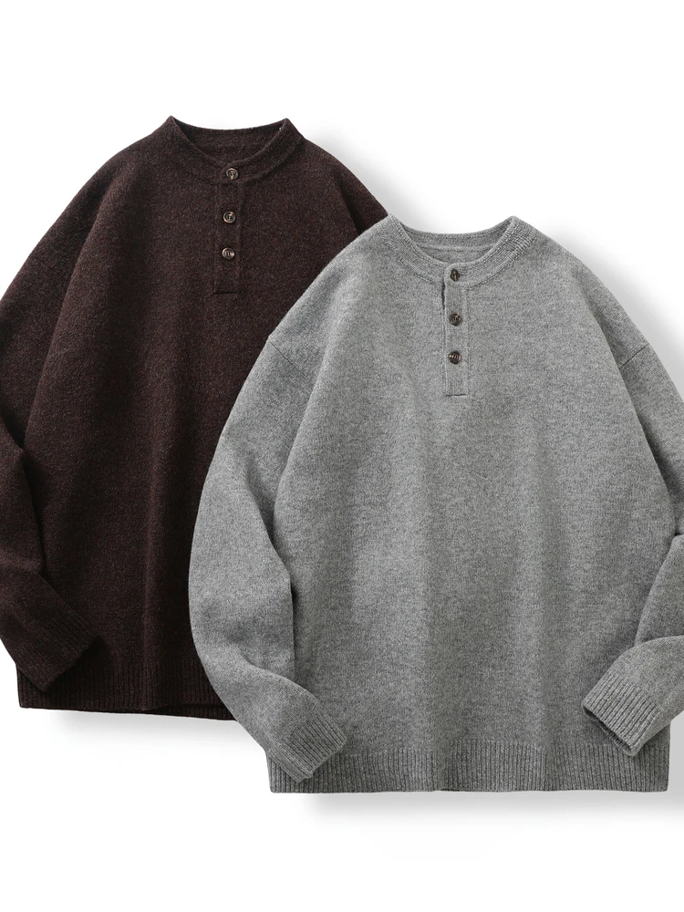 

Мужской свитер в стиле ретро с воротником Хенли, из смесовой шерсти (6% шерсти), повседневный, свободного кроя, с длинным рукавом, осенне-зимний, теплый