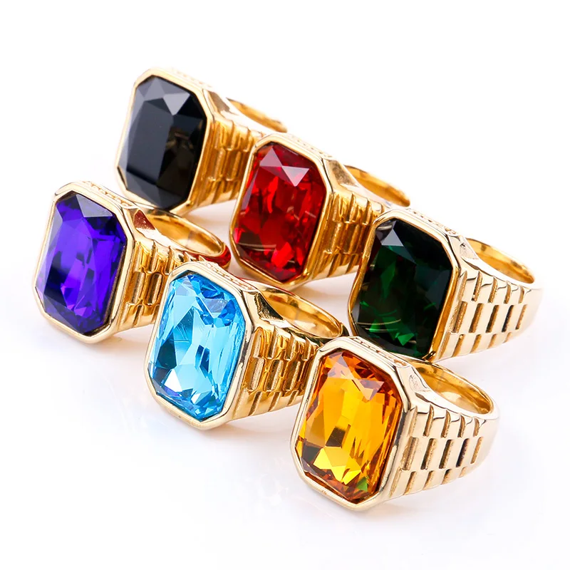 Men's Personality Multi color Gem Stainless Steel Ring Sizes 7-13