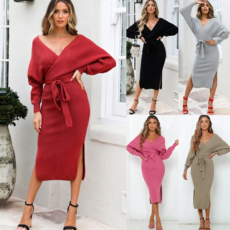 Fall Winter Knitted Dresses for Women Solid  Bat Sleeves Splits Long Dresses Sexy V Neck Elegant Offcie Lady Sweater Midi Dress