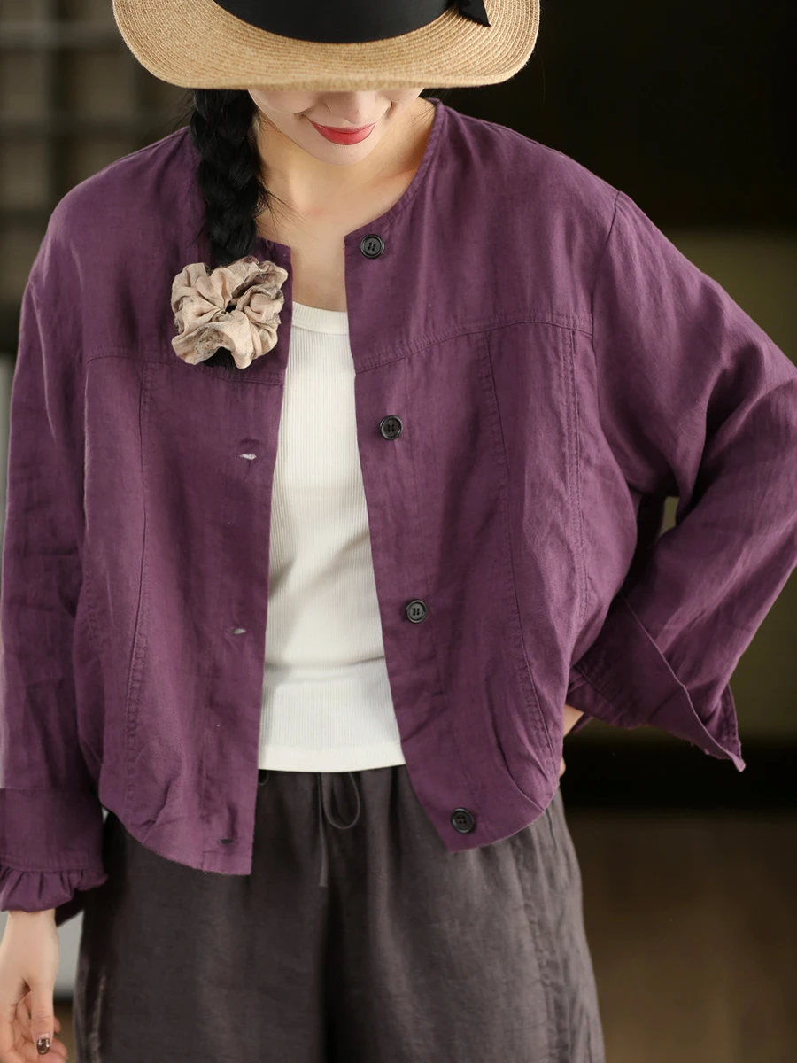 

Retro Linen irt Jaet Women's Spring round Ne Single Button ort Svel Top Loose Fit Long Sve round Ne Women'...