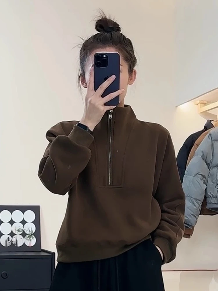   Felpa con cappuccio lunga calda Sve ampia e comoda autunno inverno nuova felpa da donna Lazy Faion con cerniera e colletto alla coreana