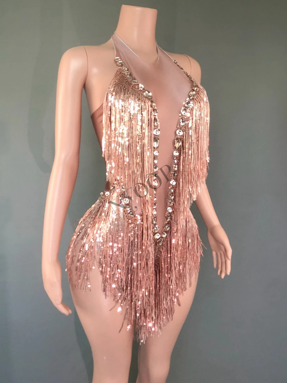 

Sparkly Rhinestones Sequins Fringes Leotard Sexy Tassel Bodysuit One-piece Dance Costume Dancer Performance Show Stage Wear