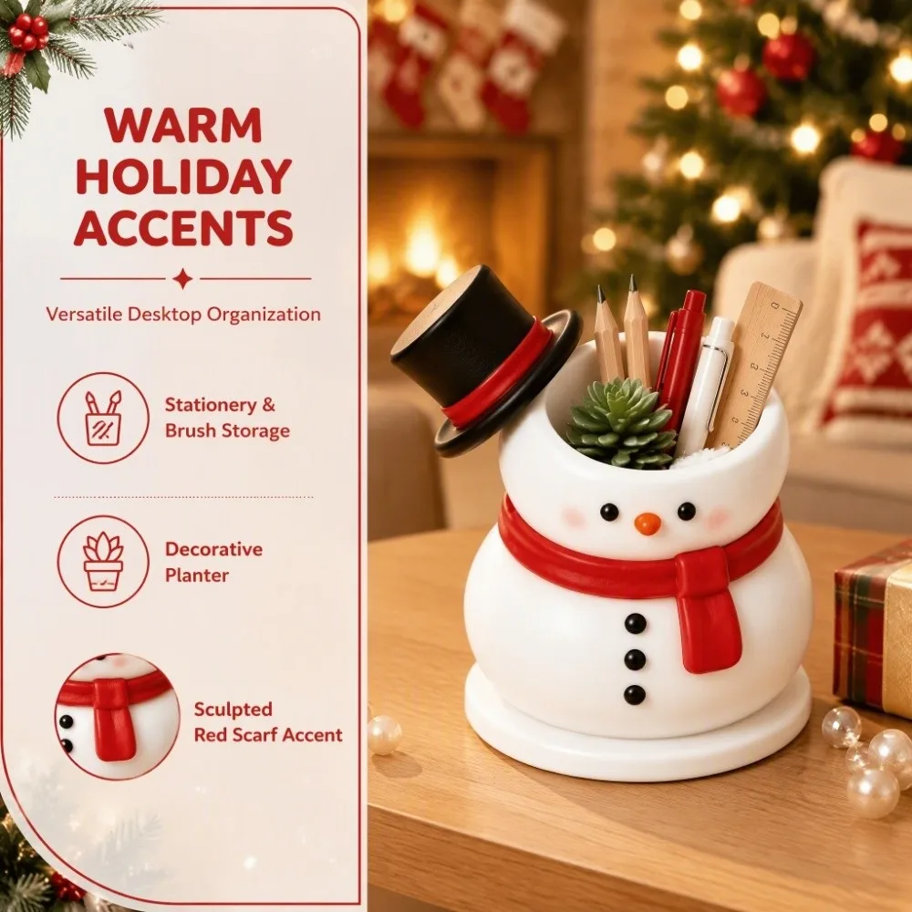 Resin Snowman Storage Holder Decorative Succulent Potted Plant Snowman Pen Holder Snowman Figurine Craft Christmas Desk Decor