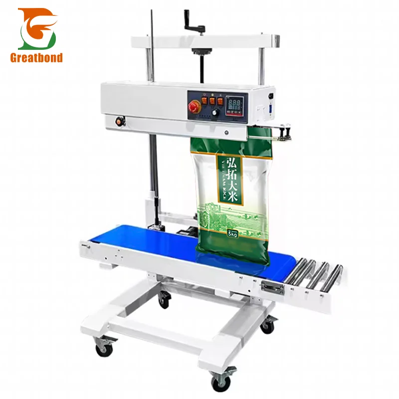 

FR-1100 Hot Sale Inkjet Wheel Height Adjustment Printing Automatic Vertical Large Bag Food Continuous Heat Band Sealing Machine