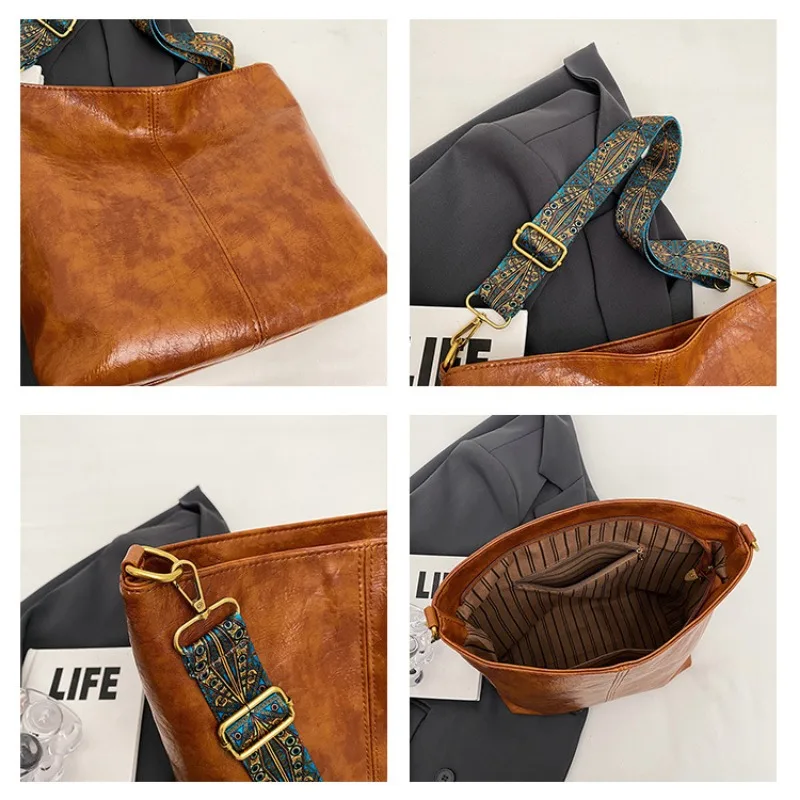 Vintage Tote PU Leather Texture Commuter Large Capacity Shoulder Bag Casual Personality All-Match Shopping Square Satchel Bags