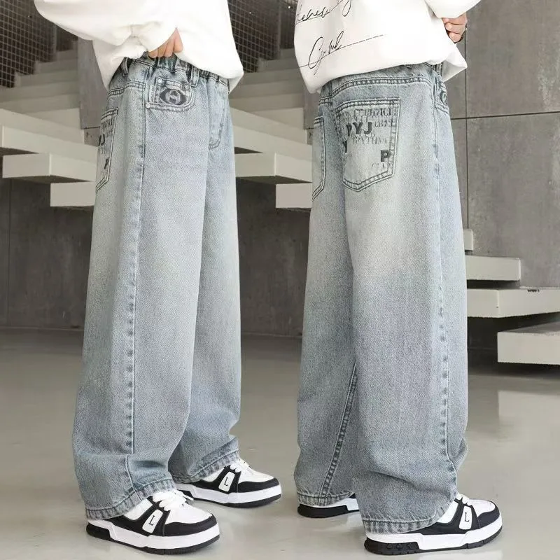 Herbst Kinder Jeans UNITIM 4-14 Jahre Jungen Denim-Hosen mit Schriftzetteltasche Lose Elastische Taille Junior Jungen Gerade Hosen Teenager Jungen Hose – Detail 4