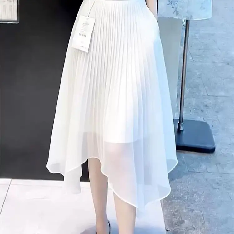 White pleated skirt women's 2026 summer new high-waisted thin irregular drape A-shaped umbrella skirt