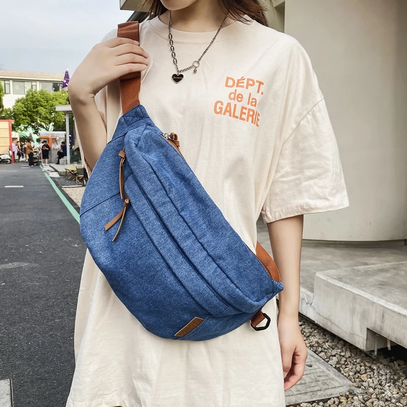 Denim Women's Bag Belt Messenger Bag Y2K Eco Bag Korean Shoulder Cross Bag Jeans Chest Pack Canvas Satchel Zipper Sling Pockets