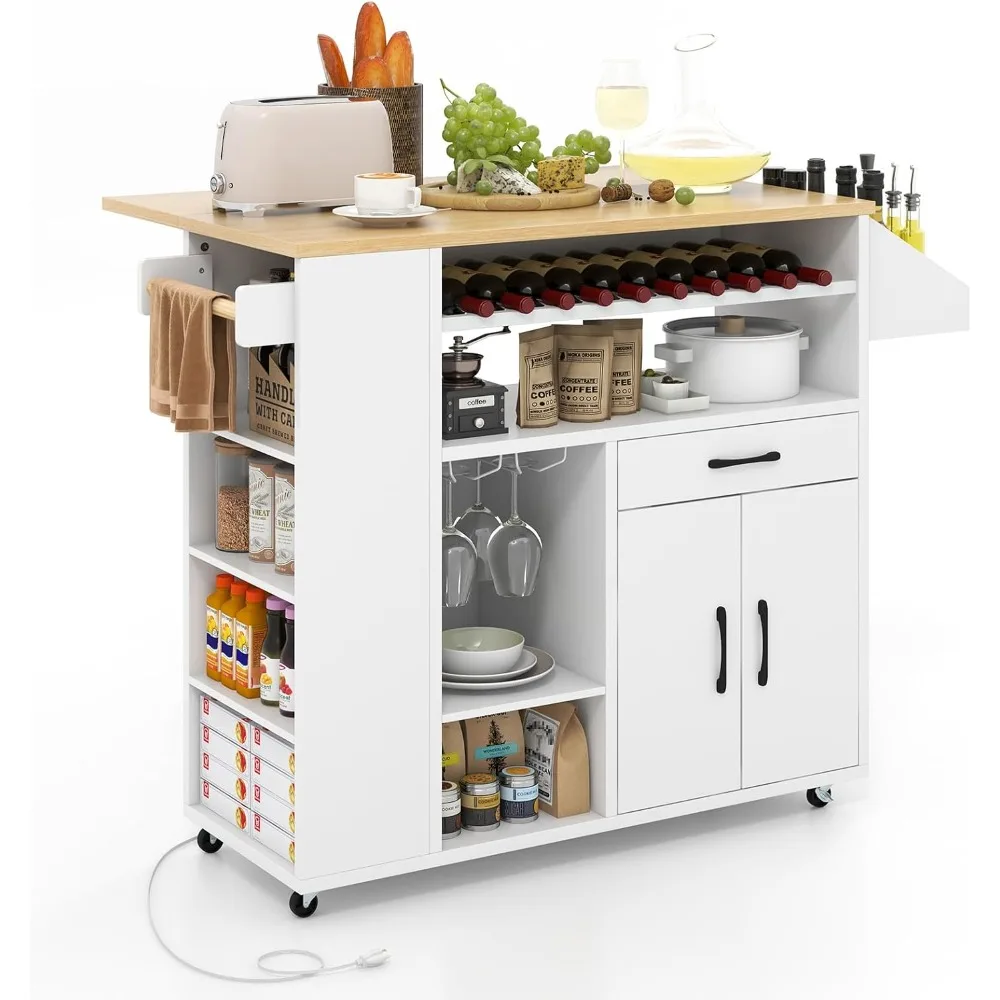 Kitchen Island Cart with Drop-Leaf & Power Outlet, Rolling Kitchen Cart on Wheels with Wine Rack, Glass Holder, Drawer,