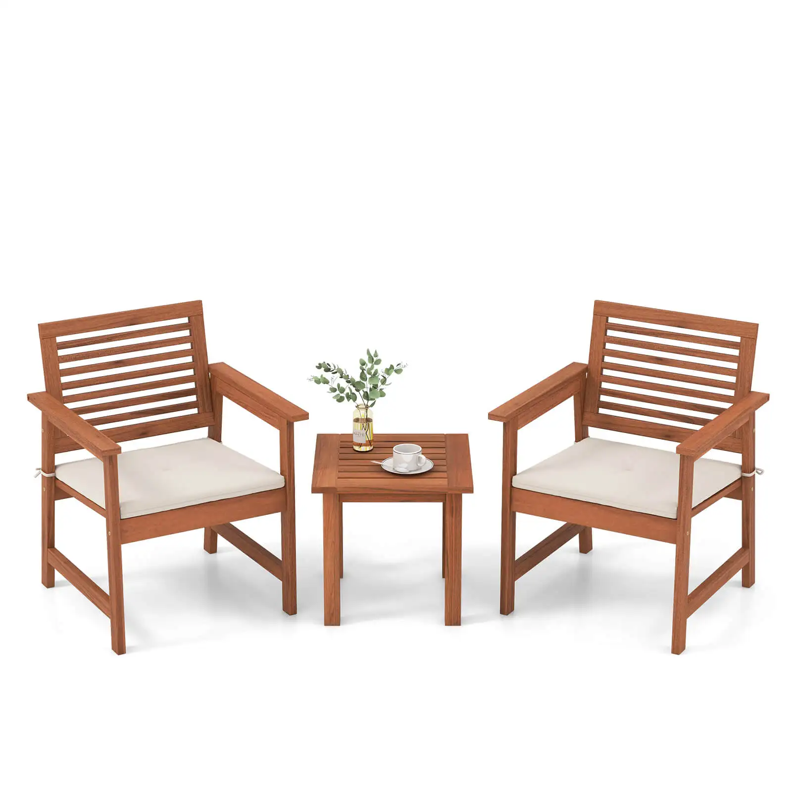 3 PCS Patio Furniture Set with 2 Seat Cushions Coffee Table Solid Wood Chairs