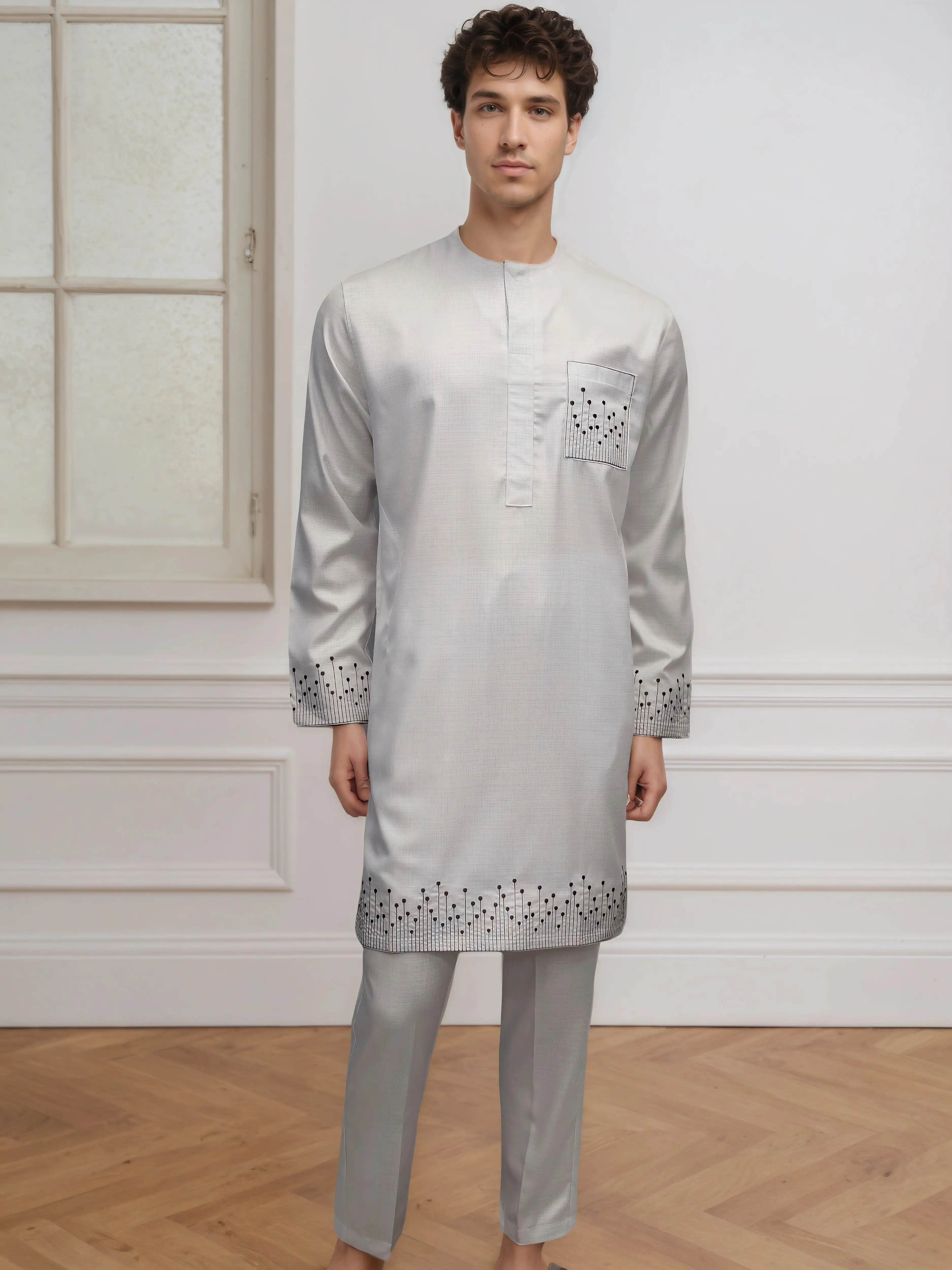Pakaian Ramadhan Jubba Thobe Arab Abaya Muslim Islam Maroko Afrika Pria Doa Bagus Jubah Idul Fitri Bordir Lengan Panjang