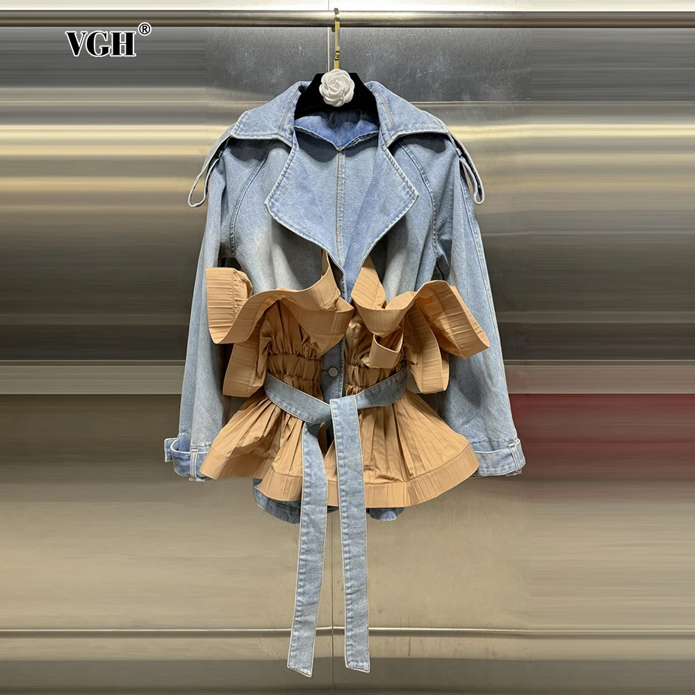 

VGH Colorblack Spliced Ruffles Denim Jackets For Women Lapel Long Sleeve Patchwork Lace Up Tunic Casual Coats Female Fashion New