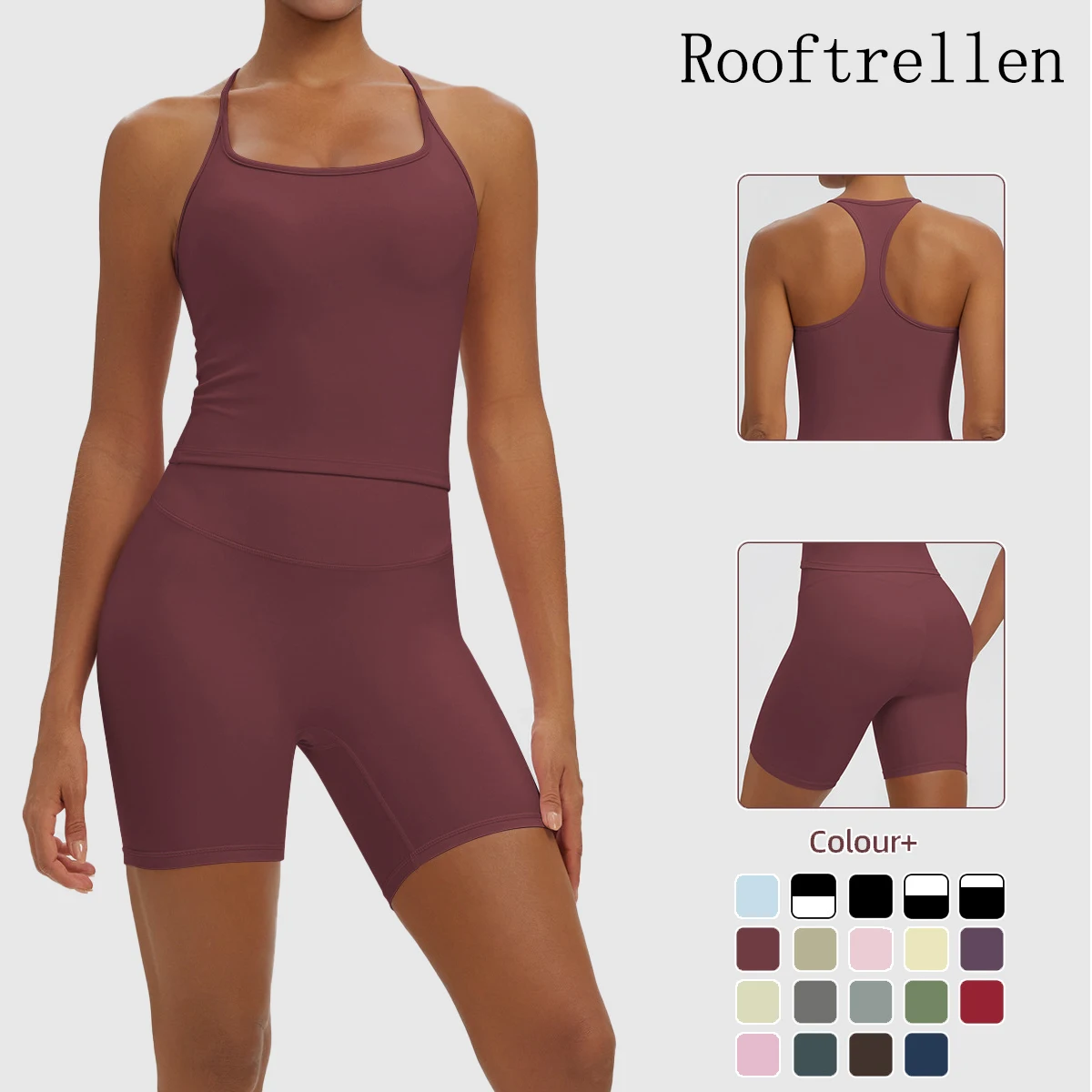 Rooftrellen 2PCS Sexy Solid Color Yoga Set for Woman Gather Beautiful Back I-shaped Vest Women Fitness Running Yoga Shorts Set