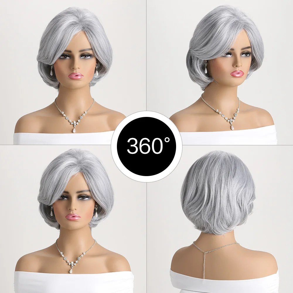 Synthetic Short Pixie Cut Wigs for White Women Short Silver Gray Wigs with Side Part Bangs Heat Resistant Fake Hair