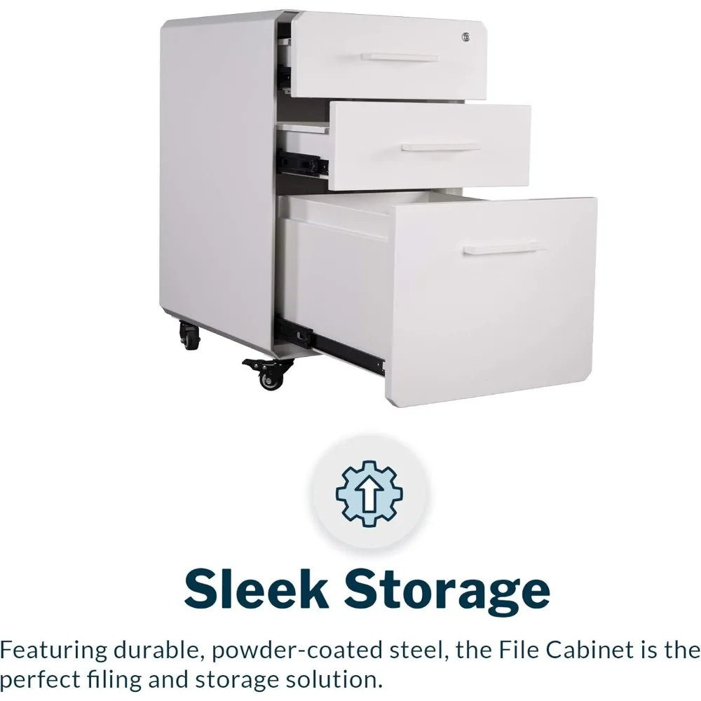 Vari File Cabinet for Office Storage with Three Drawers - Roll & Lock Caster Wheels (White)