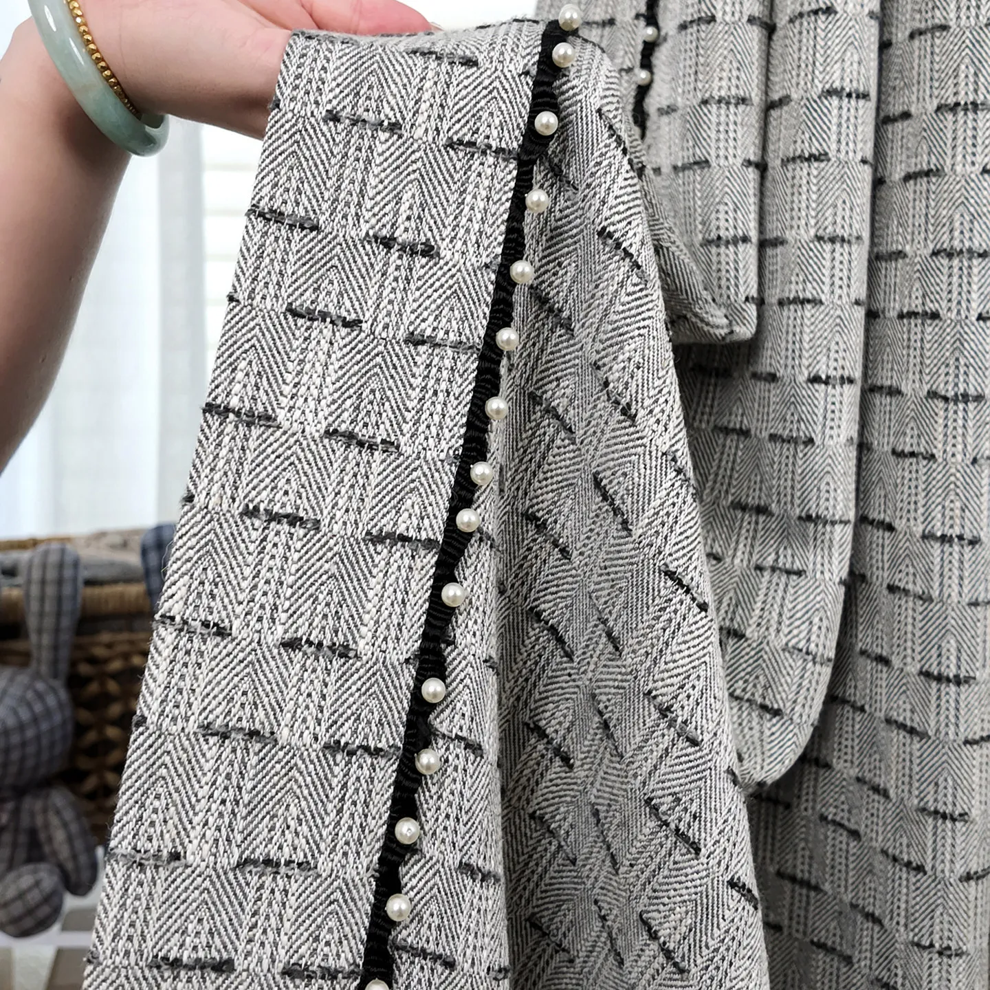 New Grey Woven Herringbone Pattern Wool Jacquard Pearl Lace Curtains for Living Room Bedroom French Window Customized Finished