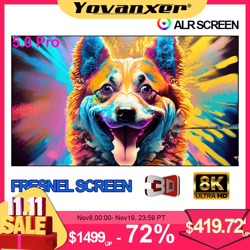 Проекционный экран Yovanxer ALR UST Френеля 5,0 Pro, фиксированная рамка для отклонения окружающего света, лучше всего подходит для ультракороткофокусного проектора 4/8K