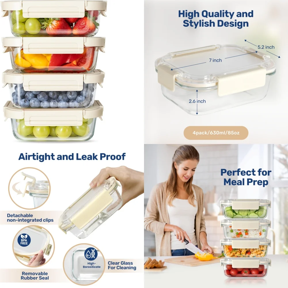 

Glass Storage Containers with Lids Microwave Safe Glass Lunch Boxes Leak Proof Food Storage BPA Free Kitchen Organizers