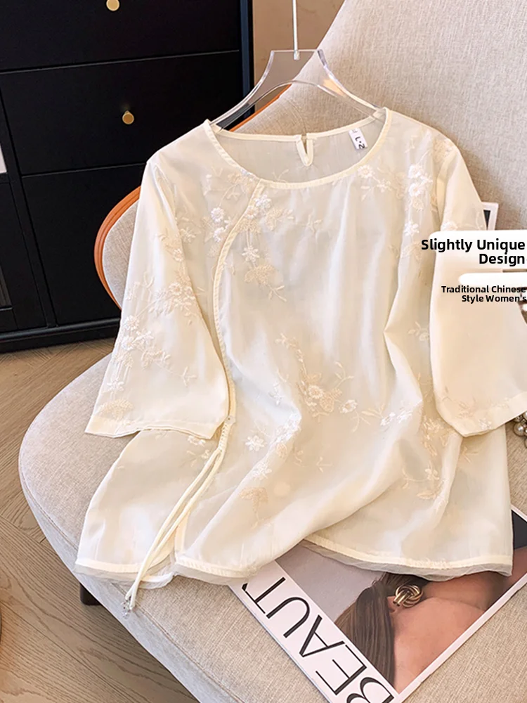 

New Chinese Sle Women's Loose ort Sve Embroidered irt Summer Faionable Vintage Zen Heavy Embroidery T-irt Top