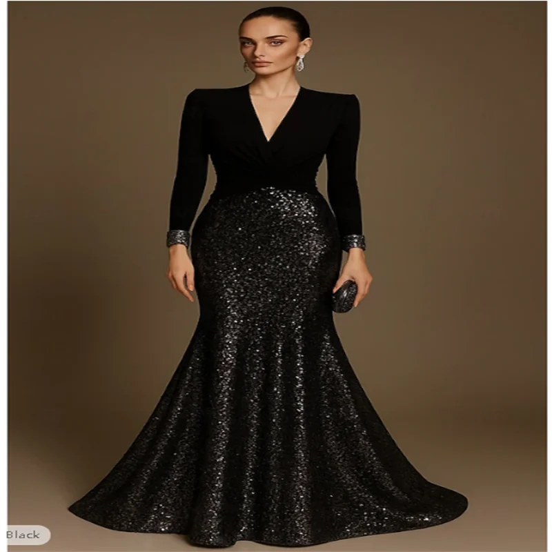 Black Mermaid / Trumpet Evening Gown Elegant Dress Formal Wedding Floor Length Half Sleeve V Neck Sequined with Glitter 2025