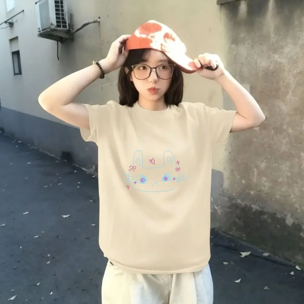 Y2k Cat Face Graphic T-Shirt Women Summer Short Sleeve Blue Line Art Pink Hearts Bows Harajuku Y2k Streetwear Casual Kawaii Tops