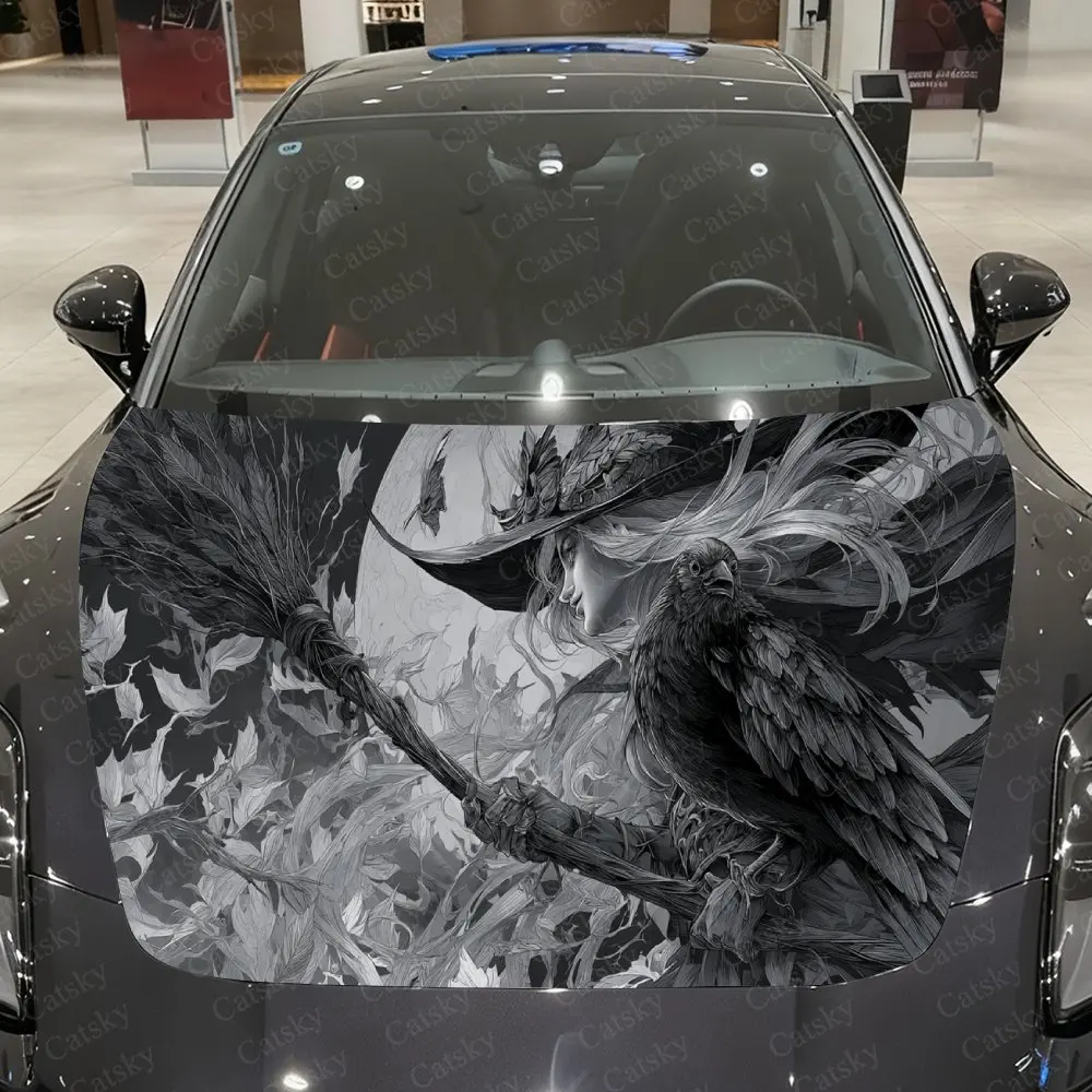 Witch's Familiar Raven on Branches Textural Artistic Fusion Design Car Hood Sticker, Waterproof Self - Adhesive PVC Graphics Dec
