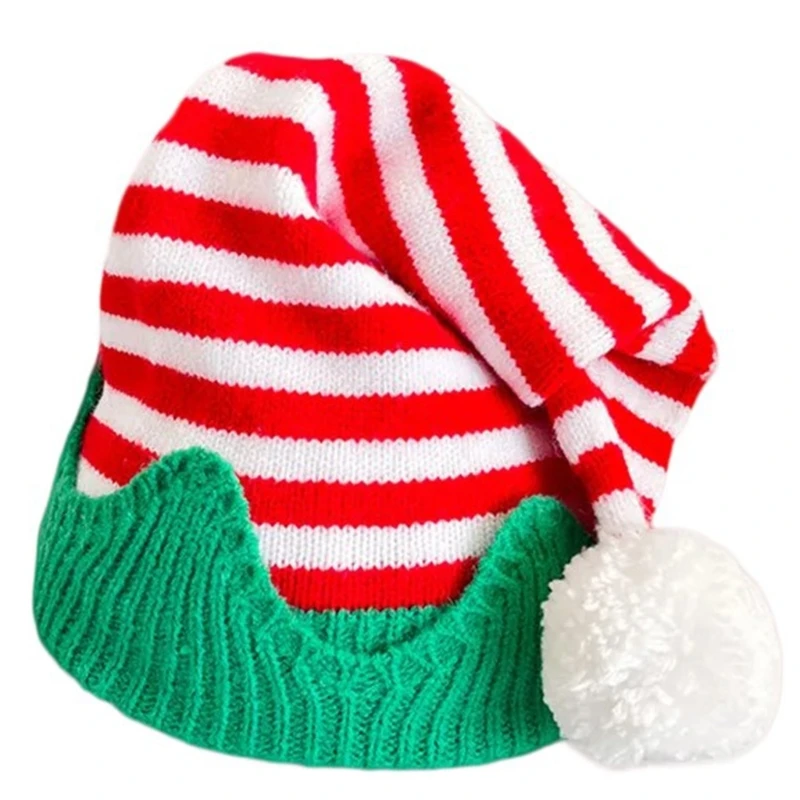 Cheerful Elf Hat with Pompoms Knitted Hat Slouch Christmas Headwear K3KF