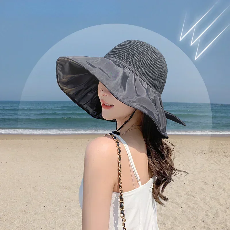 Summer Sun Hat Women's Straw Woven Anti Ultraviolet Sun Visor Hat with Big Brim Seaside Black Glue Breathable Bucket Hat Sun Hat