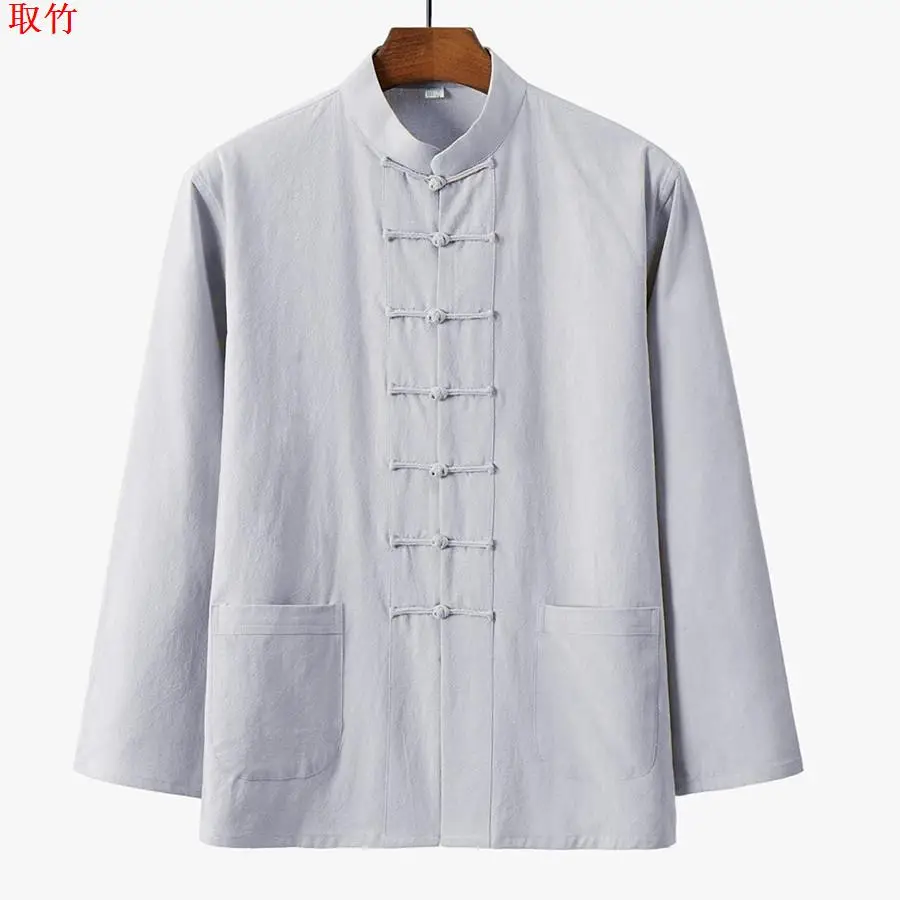 Xianui Tang Cinese Sle Cotone Lino da Uomo irt Lungo Sve Colletto alla coreana Retro Abiti Buddisti Hanfu Morbido Lucido Slim Fit