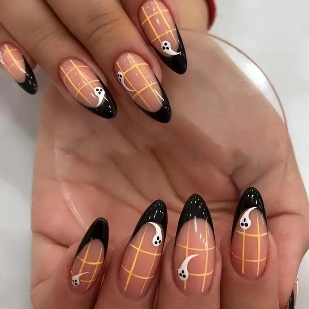 Material de manicure halloween unhas falsas suprimentos de unhas diy acessórios de unhas halloween unhas falsas longo caixão em forma preto