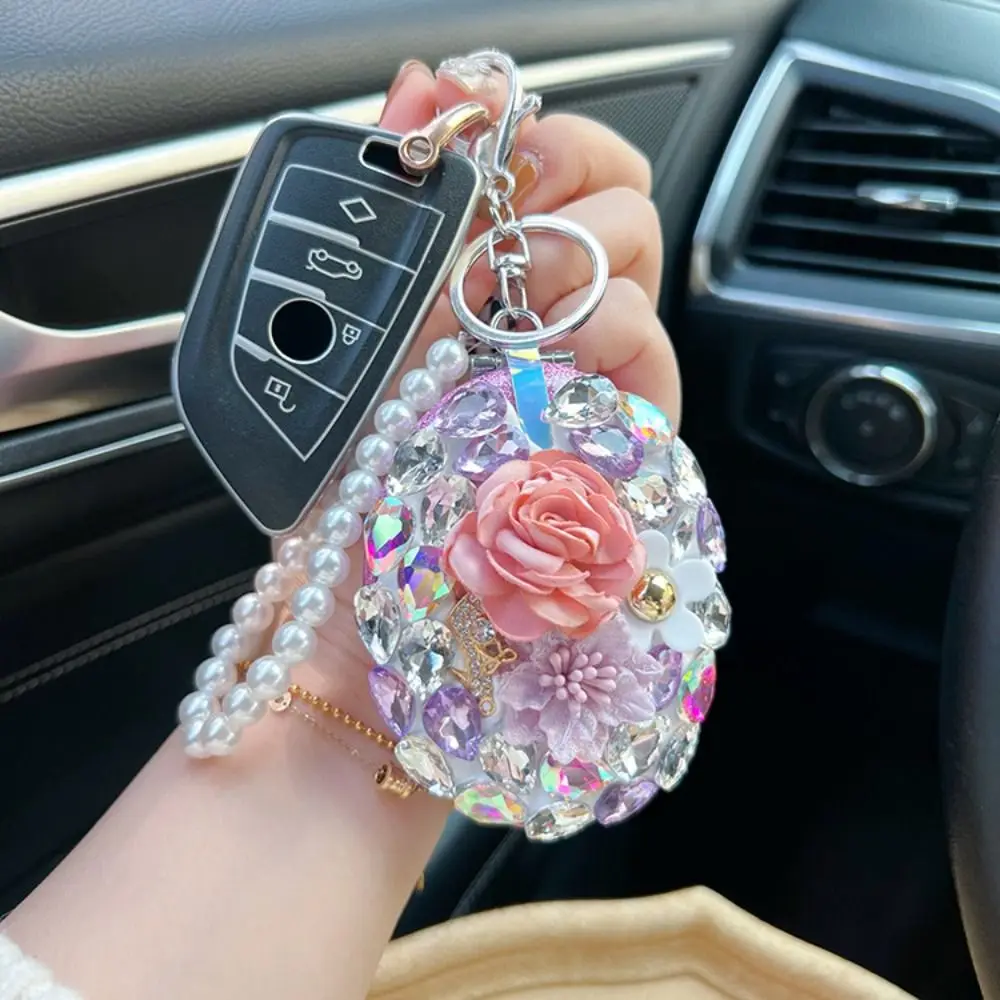 Full Rhinestone Camellia Makeup Mirror Creative Oval Elegant Car Keychain Folding Sparkling Bag Pendant Travel