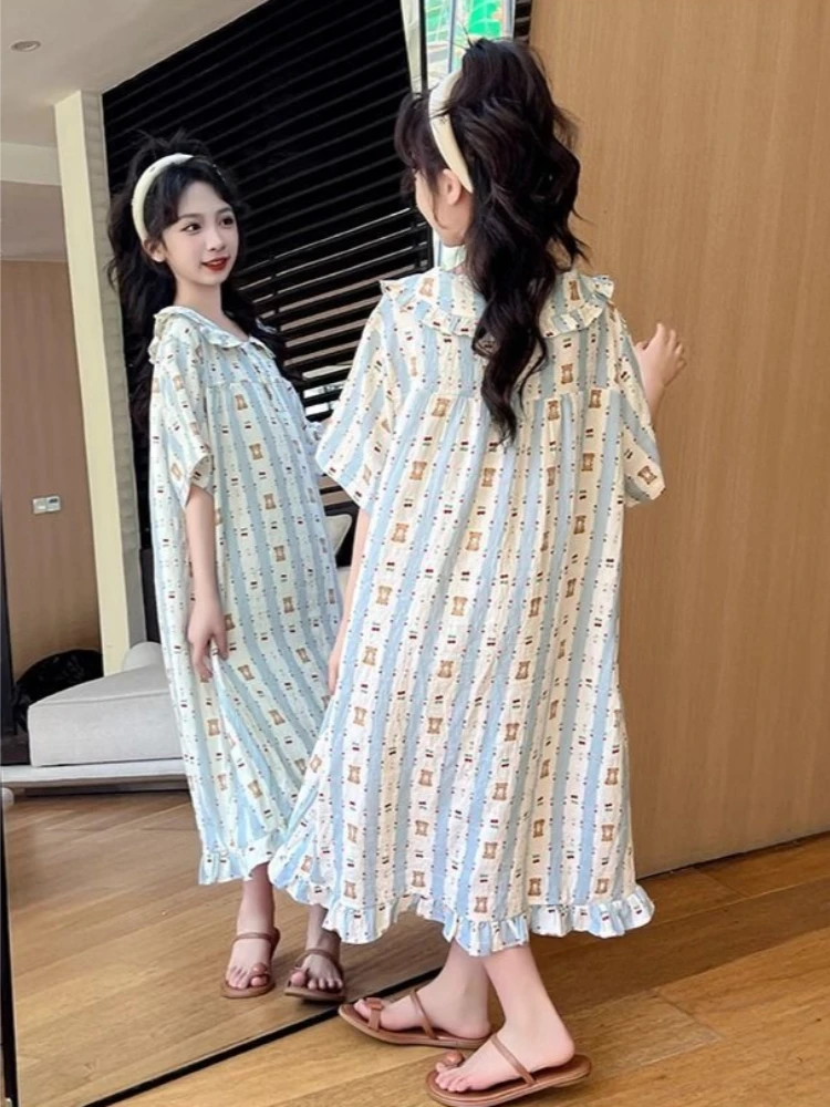 Summer Girls Nightgown with Peter Pan Collar Short Sleeve Loose Fit