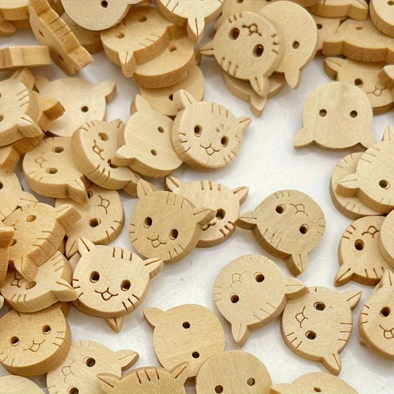 100pcs Wooden Cute Cat Buttons, 2 Holes, Wood Kitty for Coat Sweater Sewing Knitting Crochet DIY Craft view 4