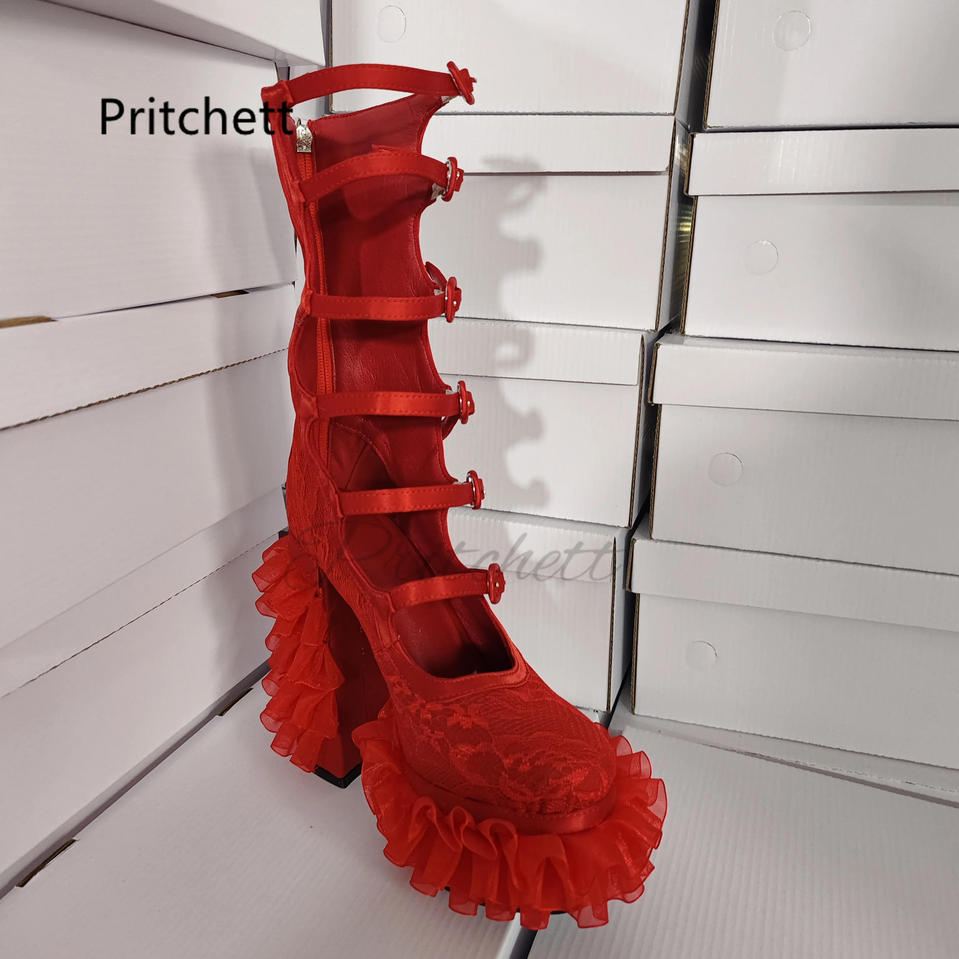 

Red Lace Platform Sandals Boots Women Block Heels Belt Buckle Round Toe Tulle Ruffles Lolita Knee High Boots Solid Bride Shoes