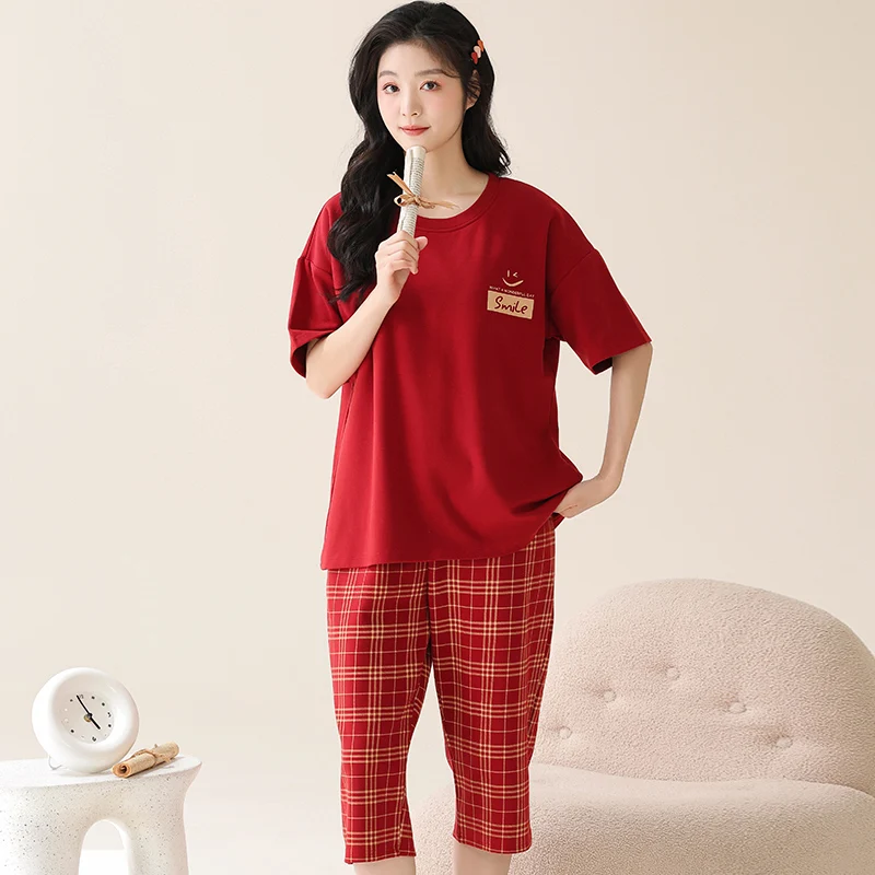 

Plaid Print Women Pajamas Sets Soft Cotton Nightwear Summer Short Sleeve Pyjamas Big Yards M-5XL Sleepwear Female Pijamas Mujer